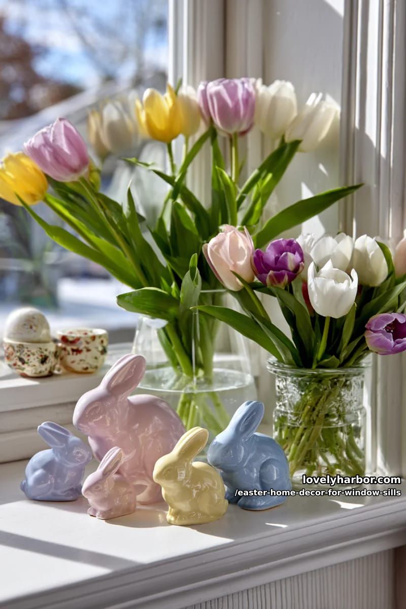 cluster pastel ceramic bunnies among blooming tulips in glass vases. 1