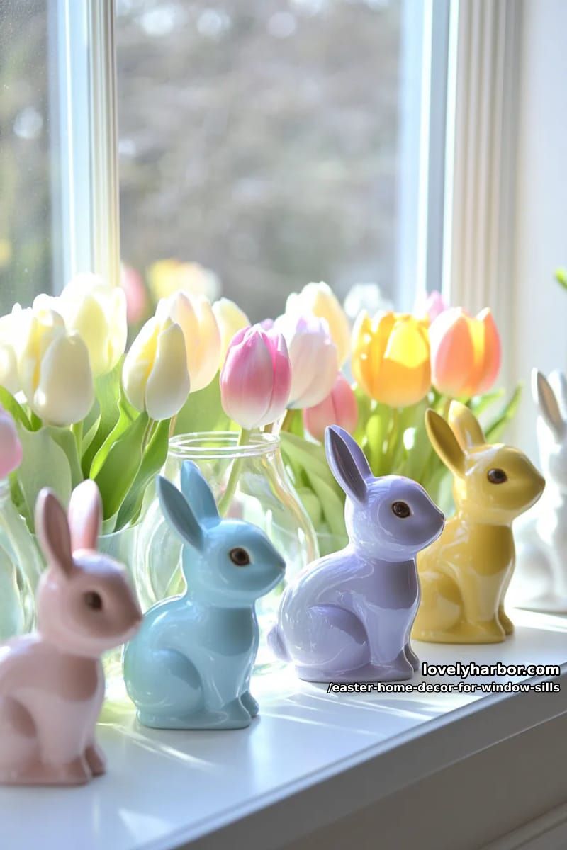 cluster pastel ceramic bunnies among blooming tulips in glass vases. 1