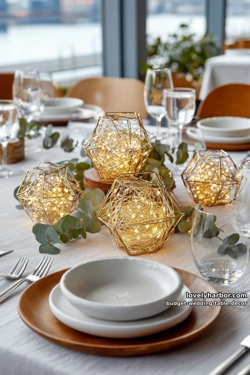clustered battery-operated string lights in geometric wire baskets 1