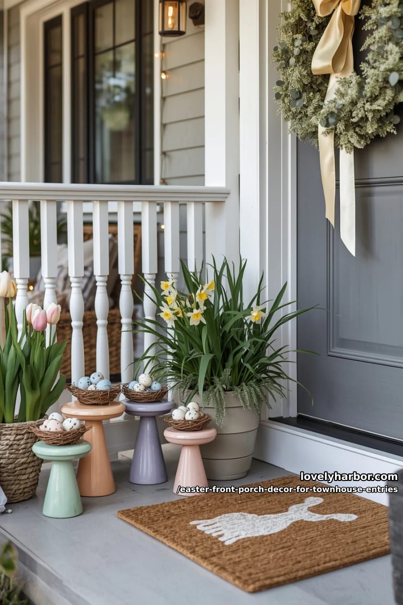 clustered garden stools topped with mini nests and speckled eggs 1