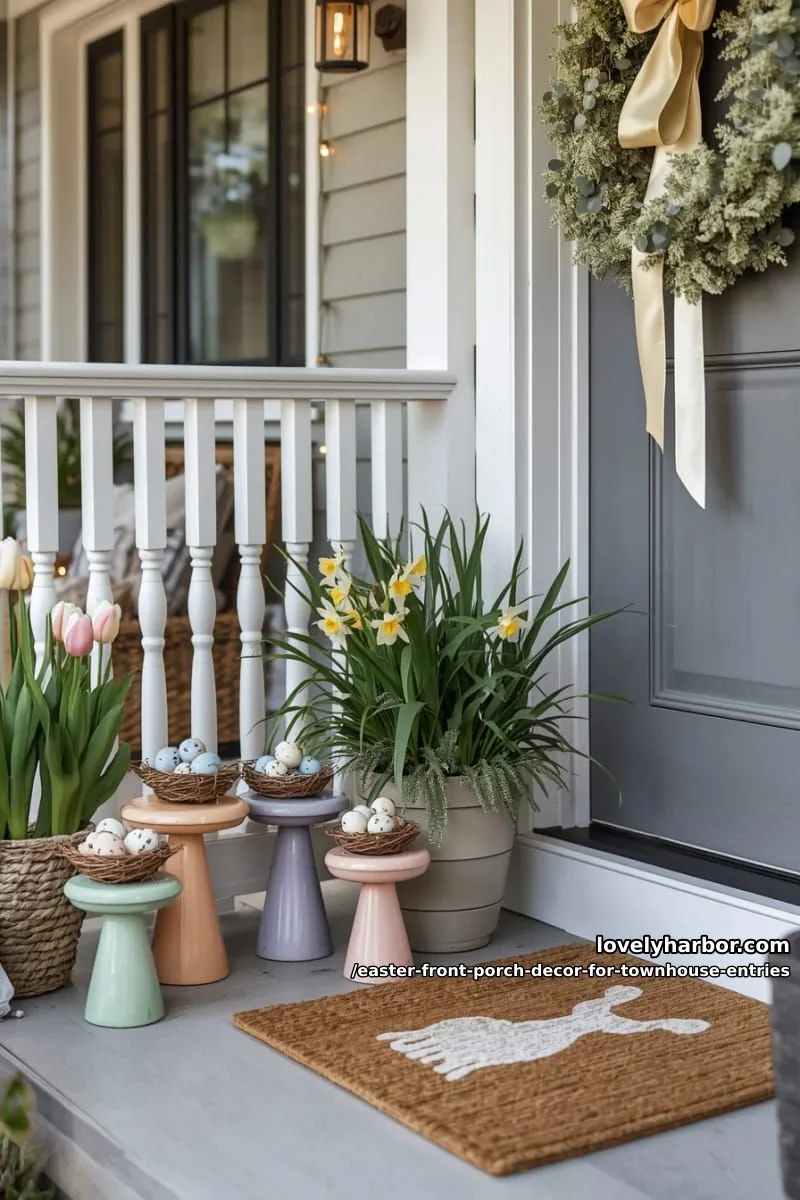clustered garden stools topped with mini nests and speckled eggs 1