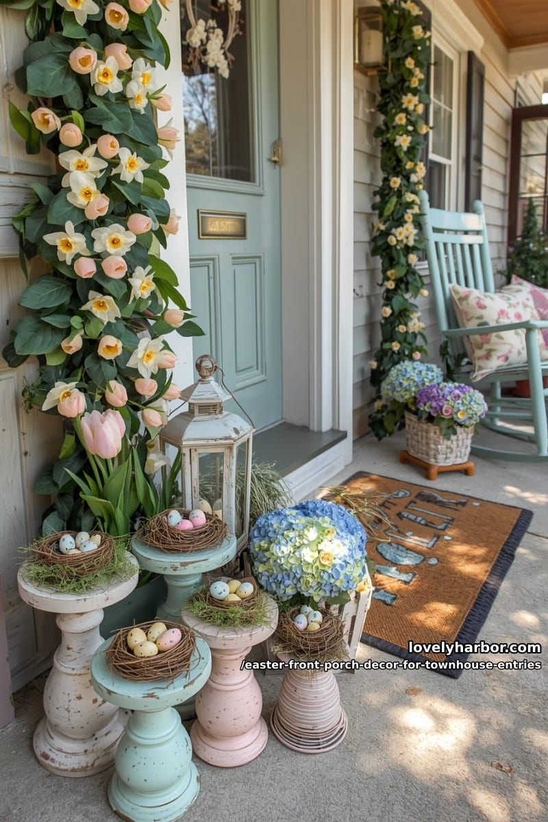clustered garden stools topped with mini nests and speckled eggs 1