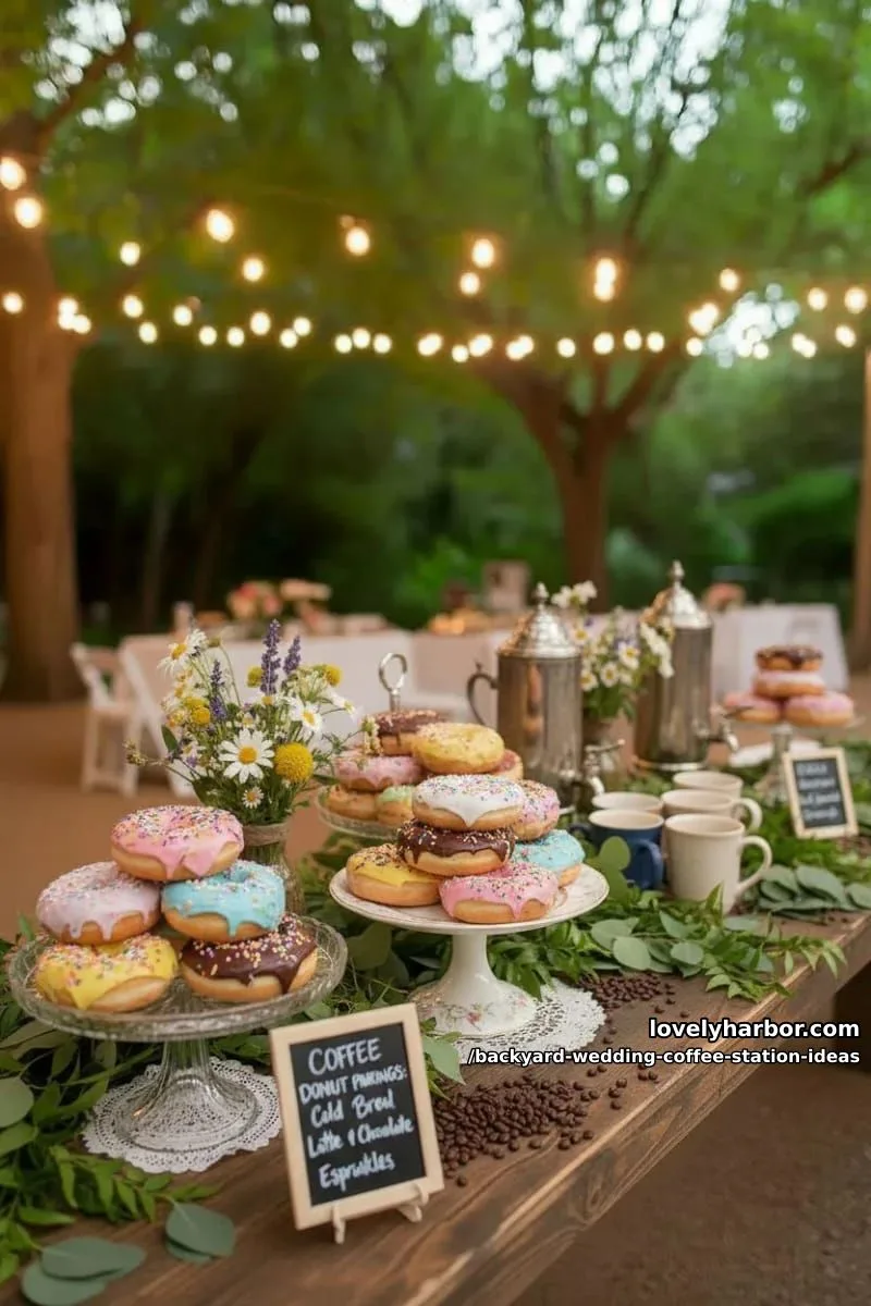 15 Backyard Wedding Coffee Station Ideas For Your Reception 21 coffee and donut pairing table with vintage cake stands and florals 1