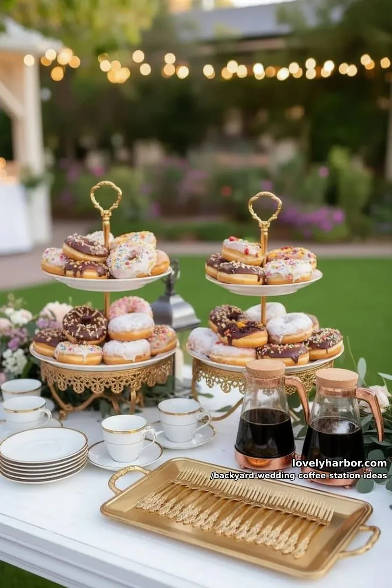 15 Backyard Wedding Coffee Station Ideas For Your Reception 22 coffee and donut pairing table with vintage cake stands and florals 1