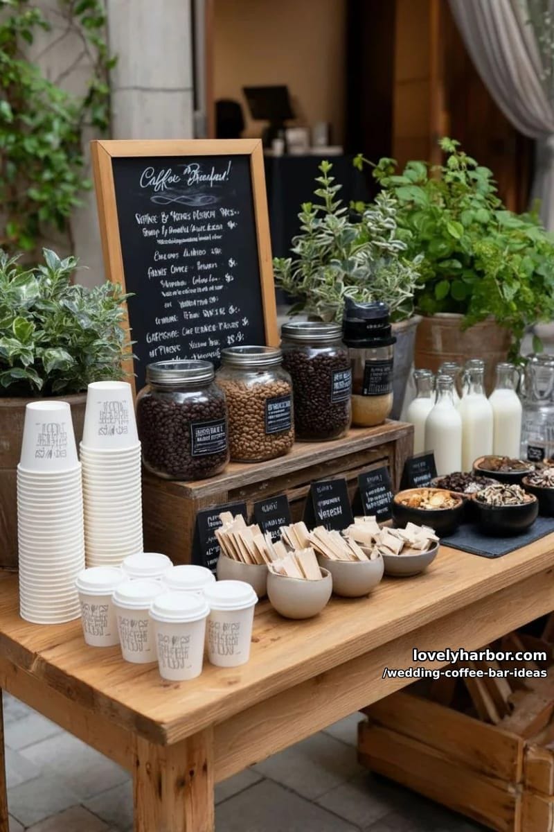 coffee bar with handwritten chalkboard menu and custom disposable cups 1