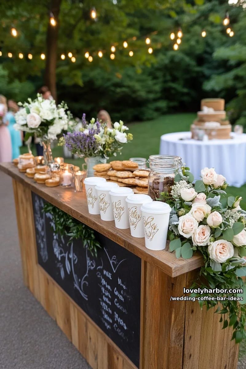 coffee bar with handwritten chalkboard menu and custom disposable cups 1