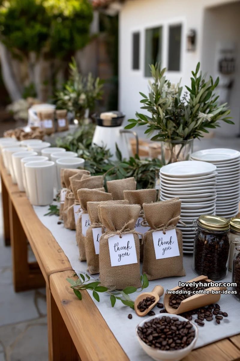 coffee favor bar with bags of beans and calligraphy “thank you” tags 1