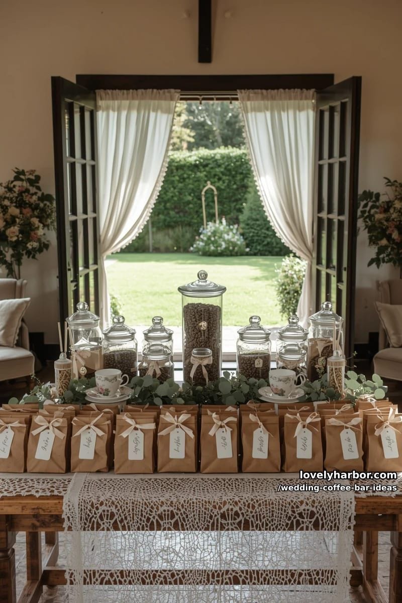 coffee favor bar with bags of beans and calligraphy “thank you” tags 1