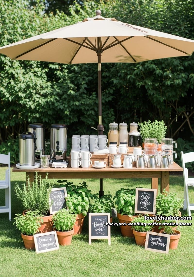coffee station under an umbrella surrounded by potted herbs and chalk signs 1