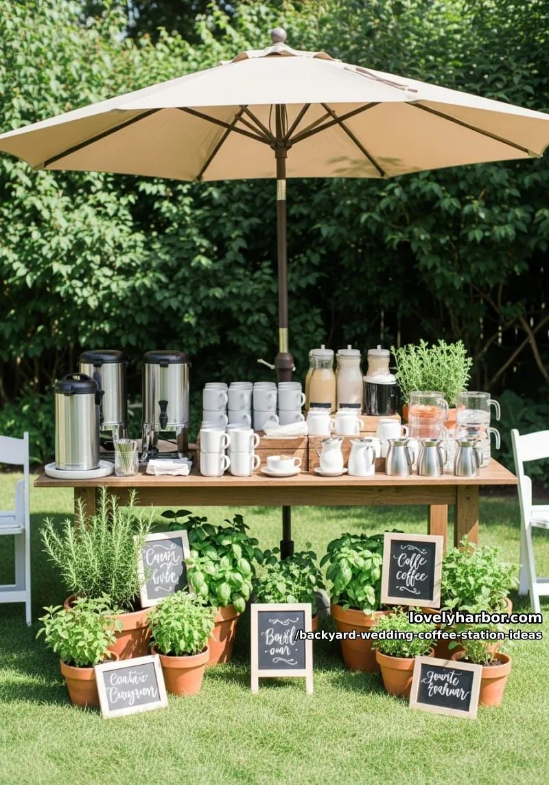 15 Backyard Wedding Coffee Station Ideas For Your Reception 27 coffee station under an umbrella surrounded by potted herbs and chalk signs 1