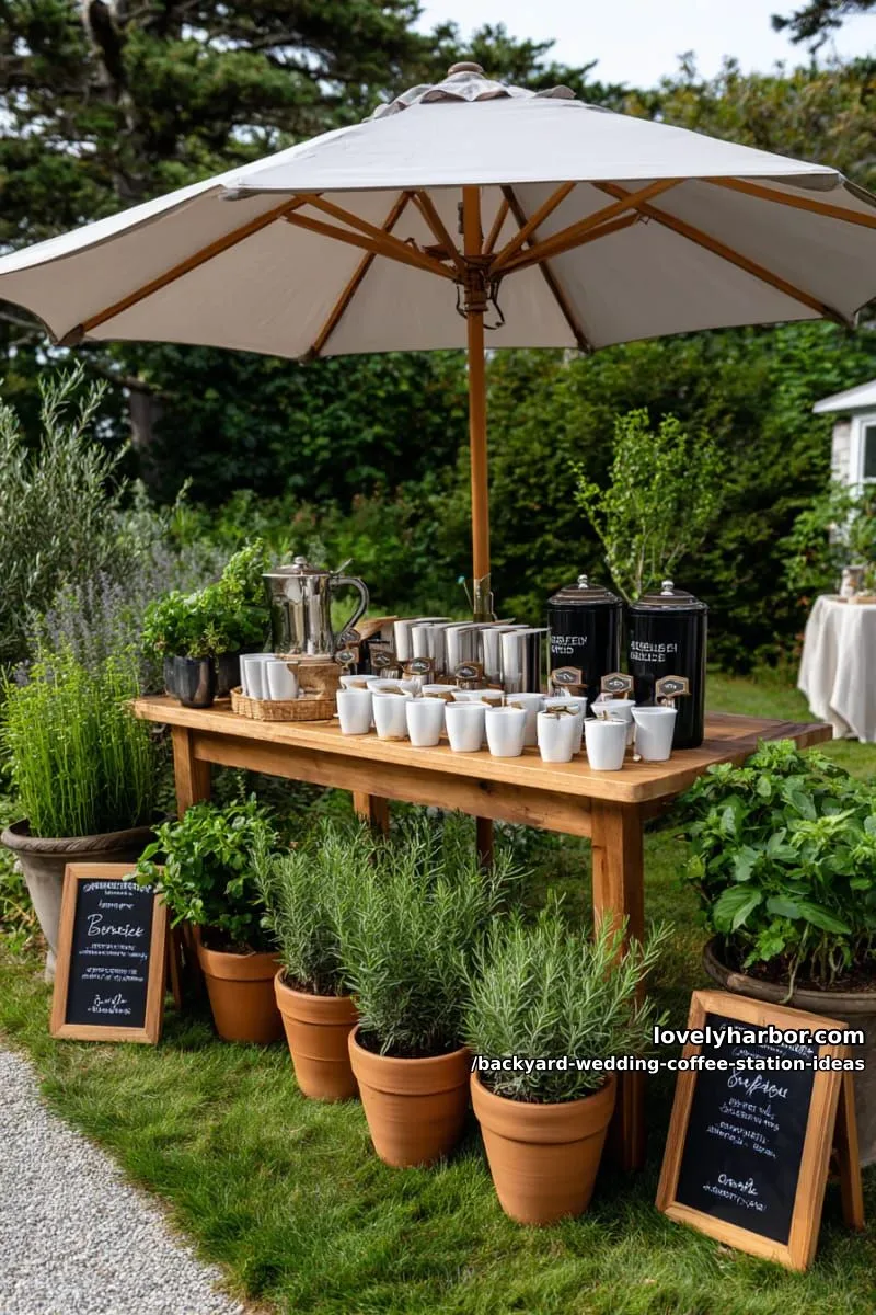 15 Backyard Wedding Coffee Station Ideas For Your Reception 28 coffee station under an umbrella surrounded by potted herbs and chalk signs 1