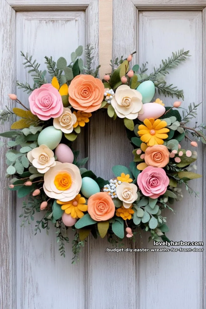 colorful felt flower wreath mixed with faux greenery and plastic eggs 1
