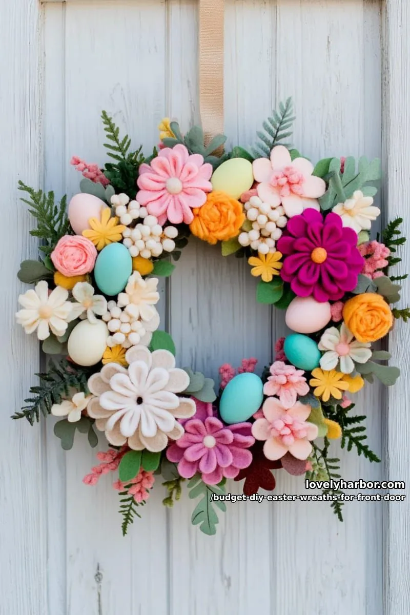 colorful felt flower wreath mixed with faux greenery and plastic eggs 1