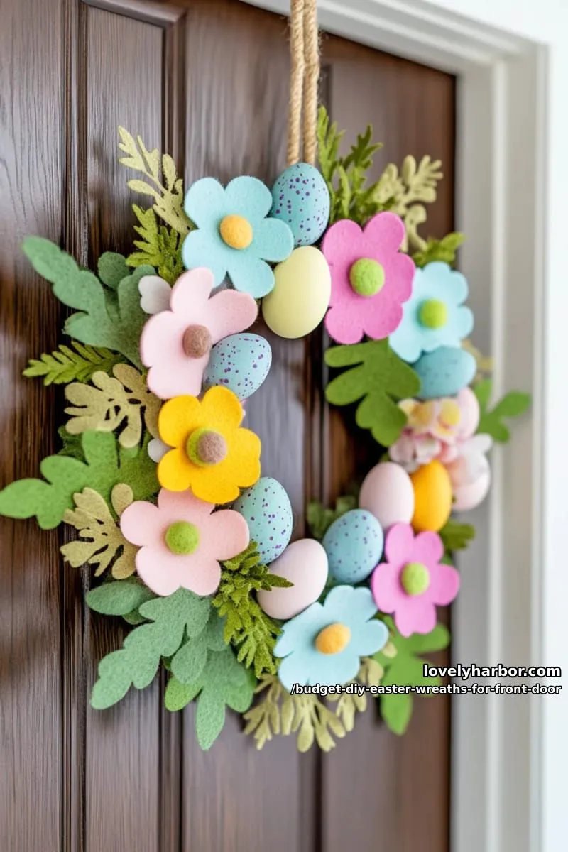 colorful felt flower wreath mixed with faux greenery and plastic eggs 1