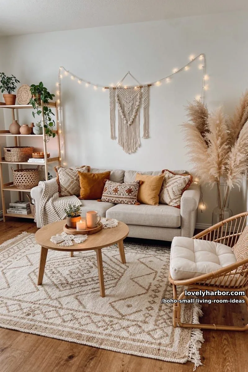 15 Boho Small Living Rooms Ideas That Turn Tiny Spaces Into Cozy Sanctuaries 15 combine fairy lights with pampas grass for a magical evening vibe. 1