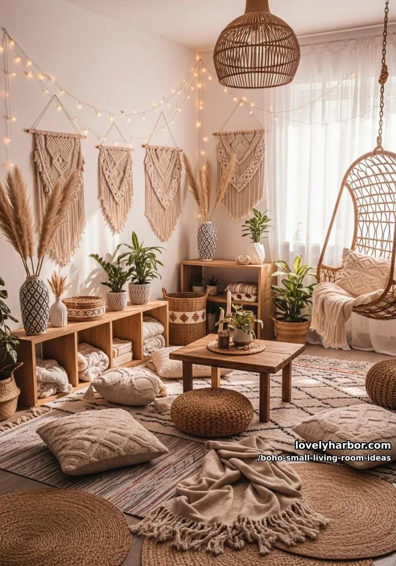 15 Boho Small Living Rooms Ideas That Turn Tiny Spaces Into Cozy Sanctuaries 16 combine fairy lights with pampas grass for a magical evening vibe. 1