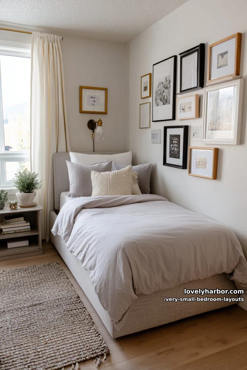 corner bed placement with gallery wall and decorative sconce lighting. 1