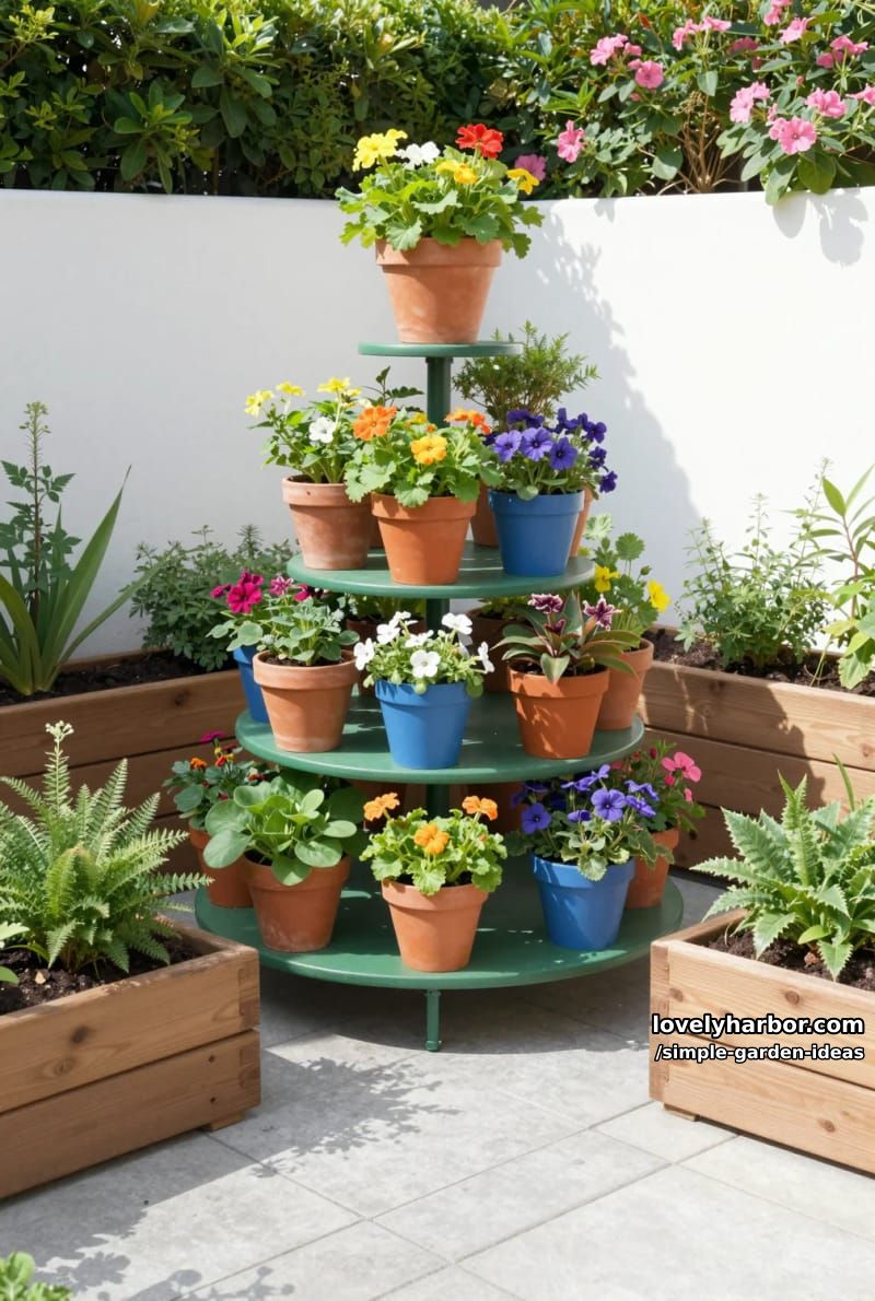 corner garden with tiered plant stand, colorful pots, and raised beds 1