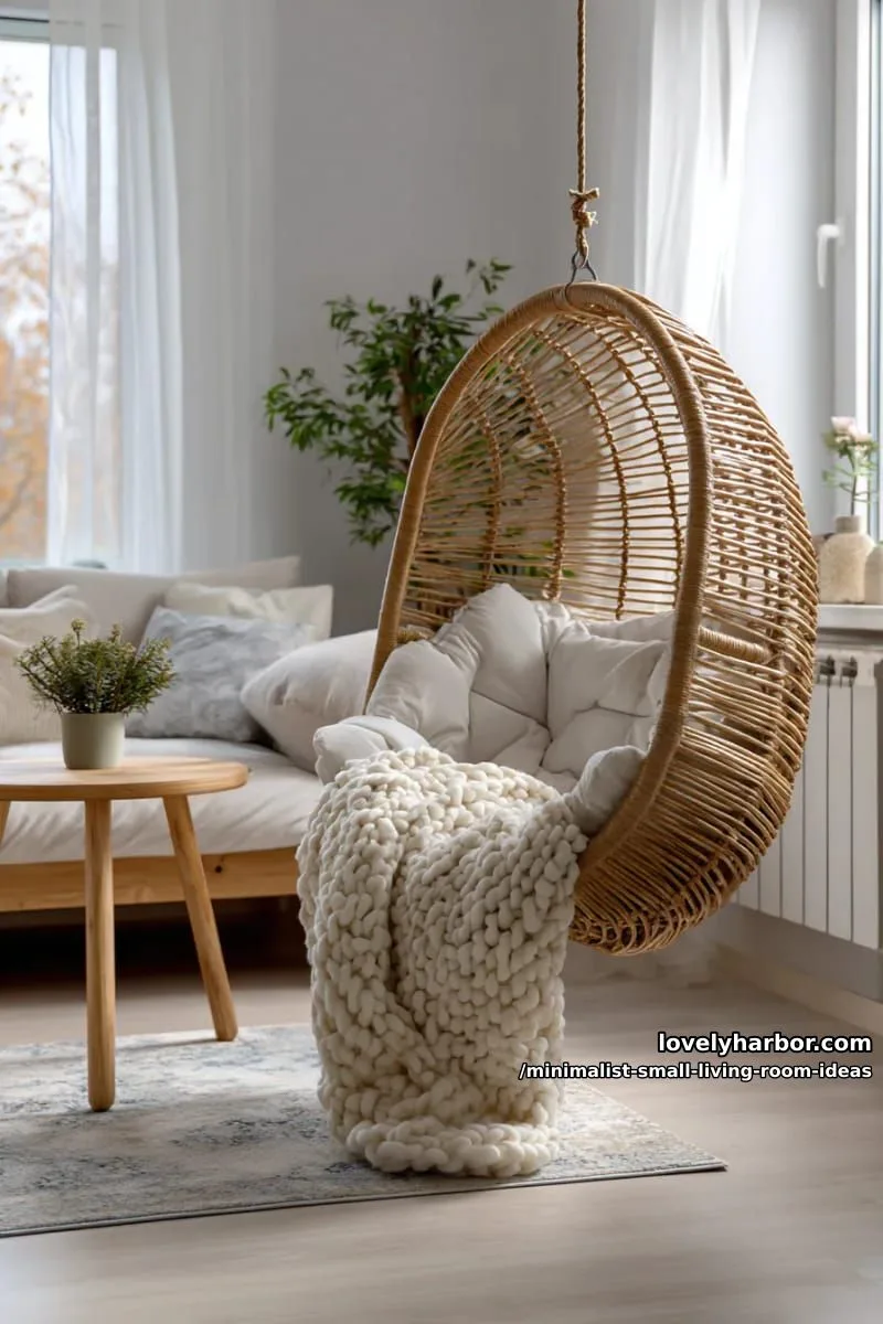 corner hanging rattan chair with cozy textured throw 1