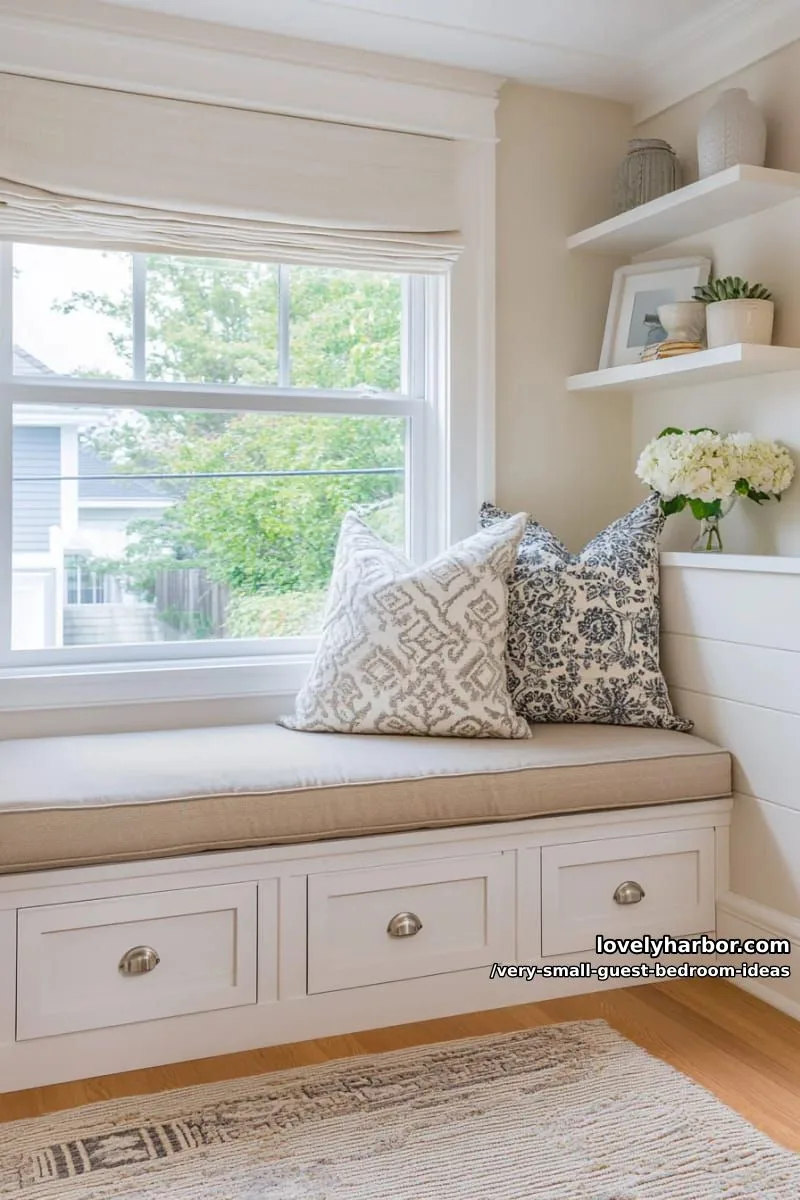 19 Very Small Guest Bedroom Ideas For A Welcoming Retreat 20 corner window seat with storage below and plush throw pillows 1