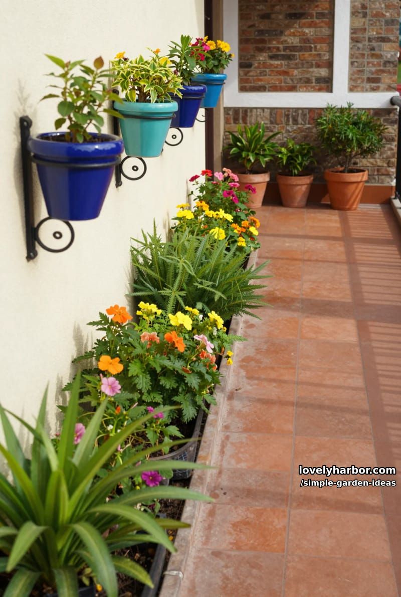 corridor with hexagonal tiles, blue planters, and colorful garden bed 1