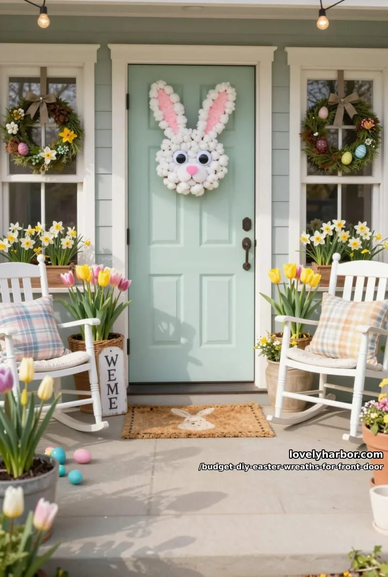 cotton ball bunny head wreath with googly eyes and pink felt nose 1
