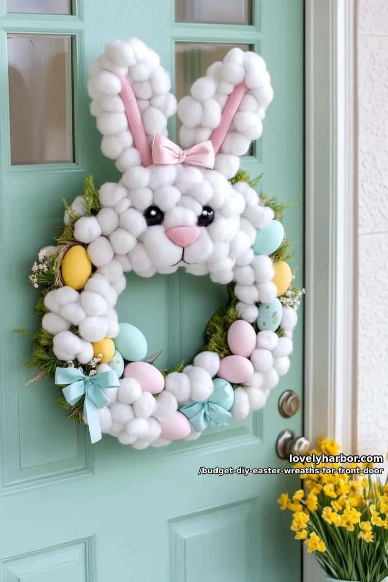 cotton ball bunny head wreath with googly eyes and pink felt nose 1
