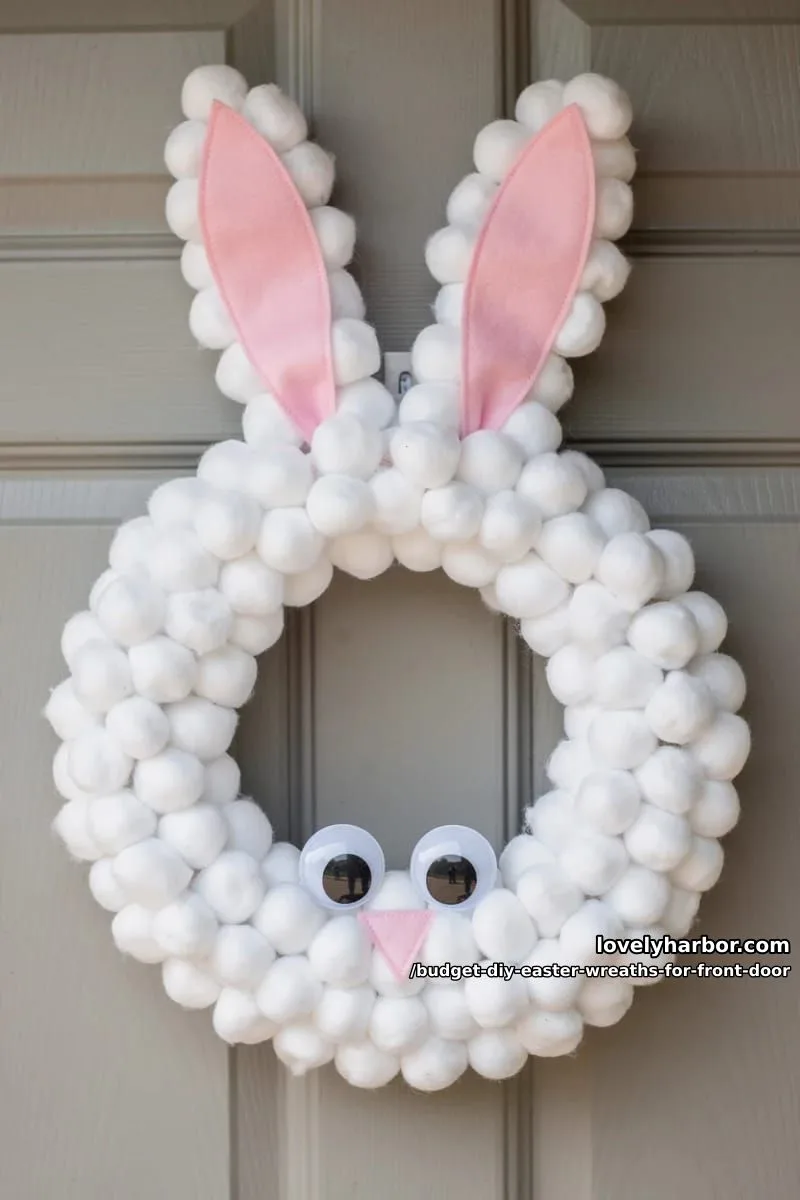 cotton ball bunny head wreath with googly eyes and pink felt nose 1
