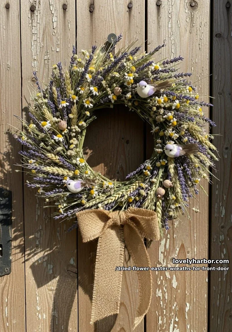 country cottage wreath using dried wildflowers and tiny faux birds perched 1