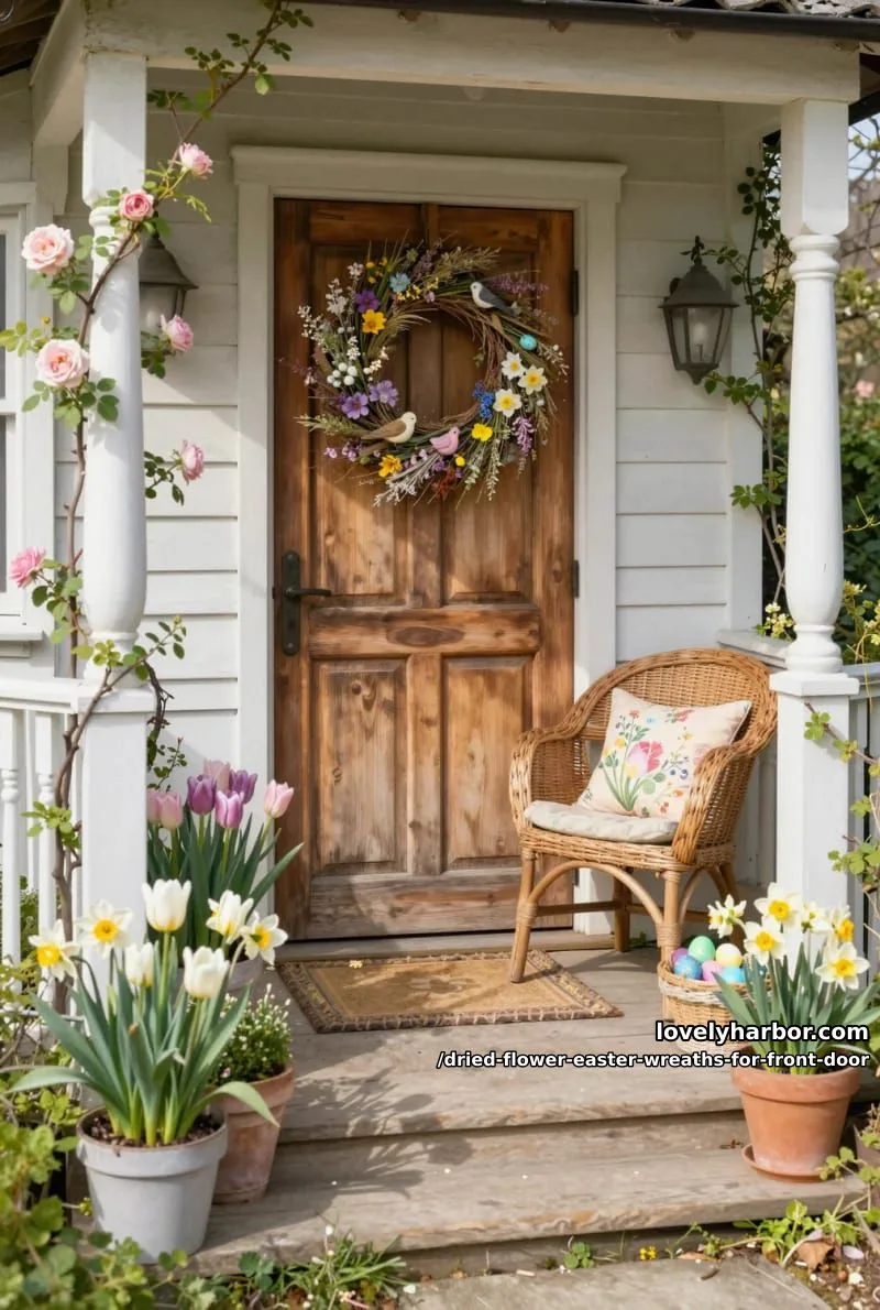 country cottage wreath using dried wildflowers and tiny faux birds perched 1