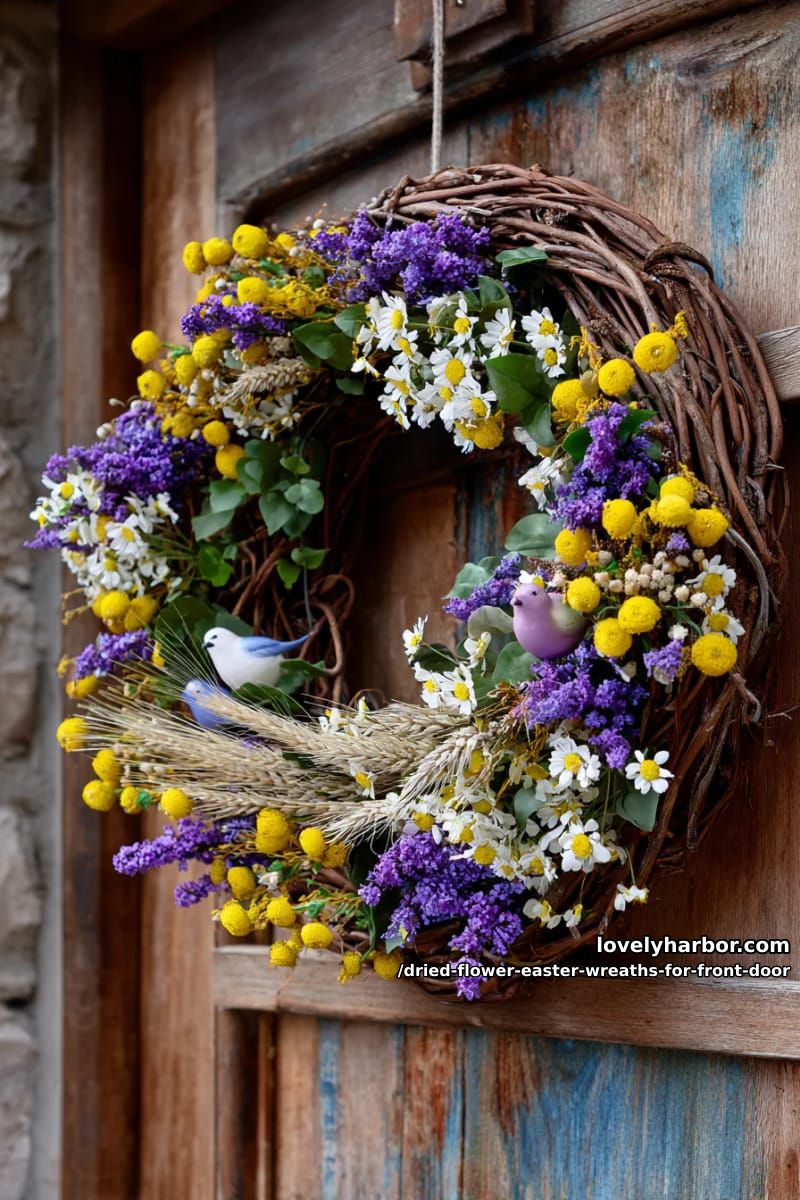 country cottage wreath using dried wildflowers and tiny faux birds perched 1