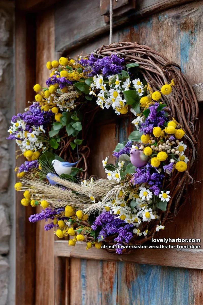 country cottage wreath using dried wildflowers and tiny faux birds perched 1