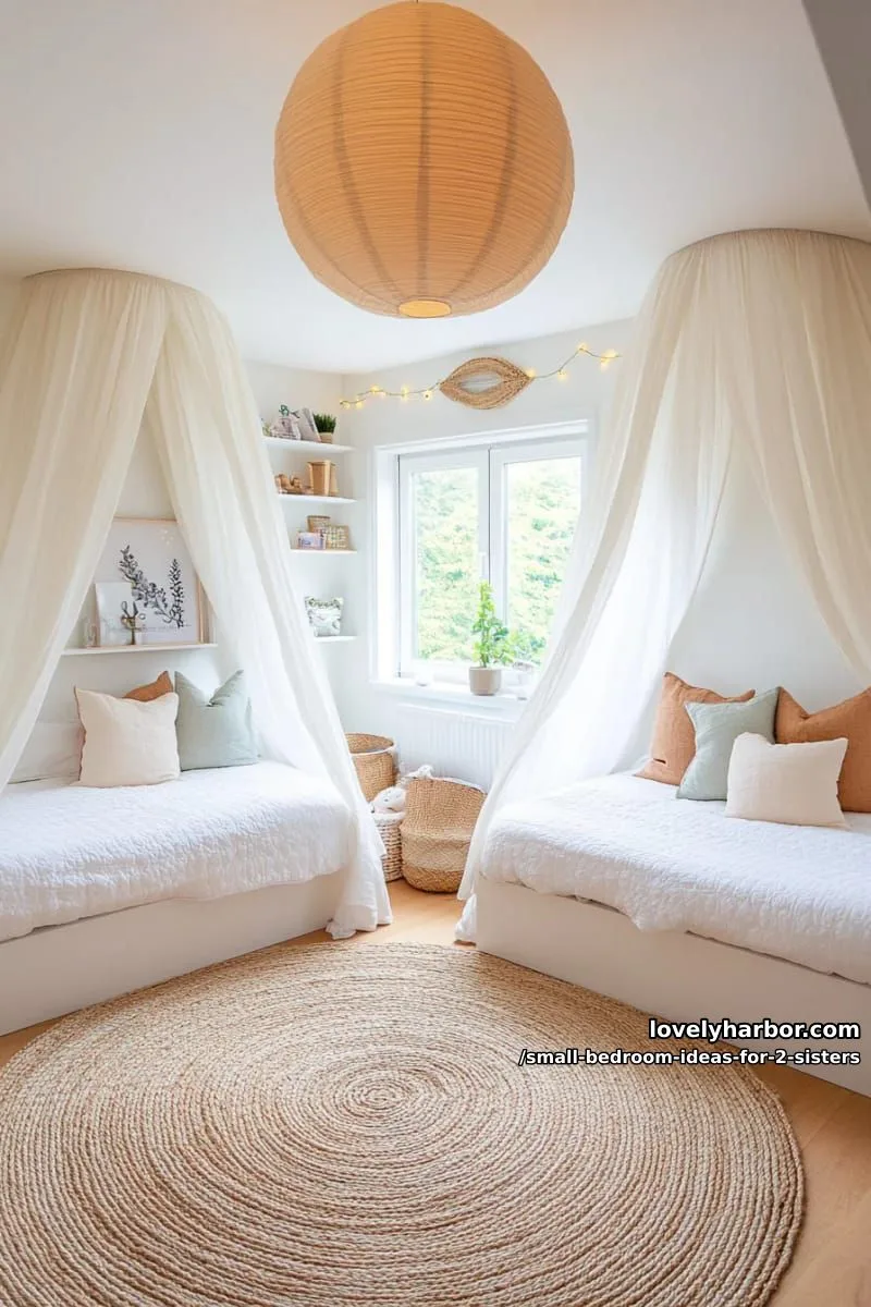 cozy canopy beds with sheer drapes and pendant paper lanterns between 1