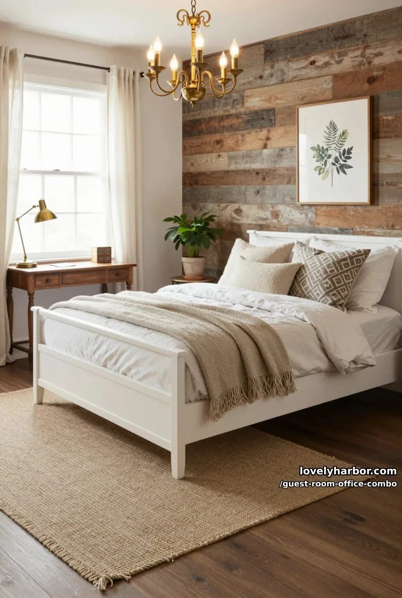 cozy guest room with trundle bed, rustic accent wall, and gold chandelier. 1