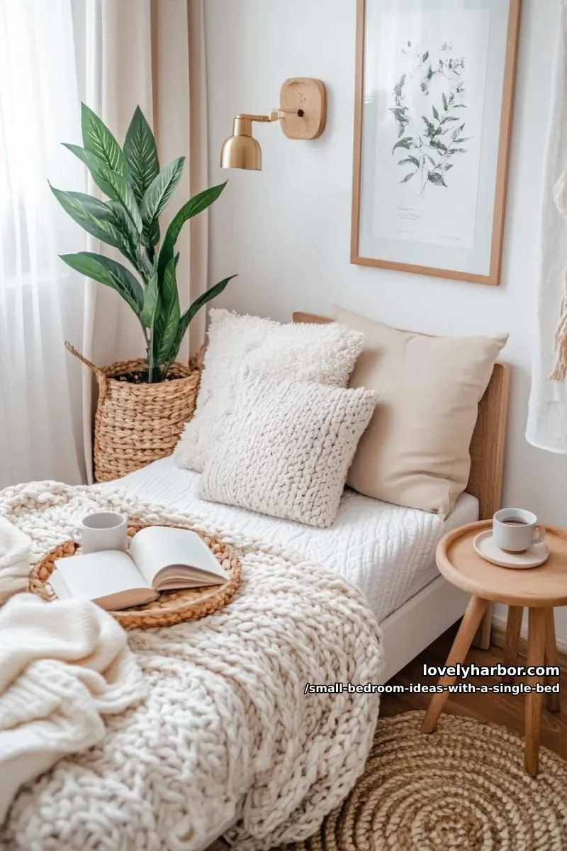 cozy reading corner using the end of the bed and a small armchair. 1