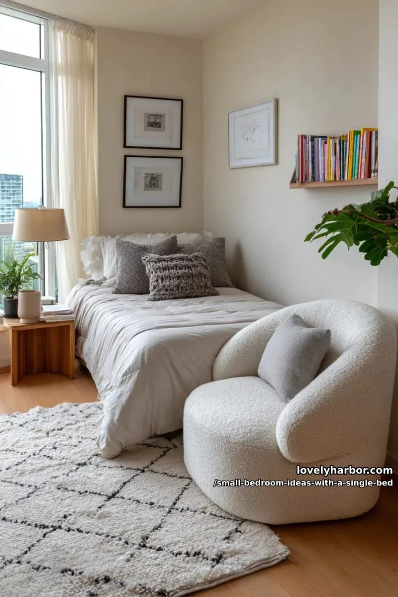cozy reading corner using the end of the bed and a small armchair. 1