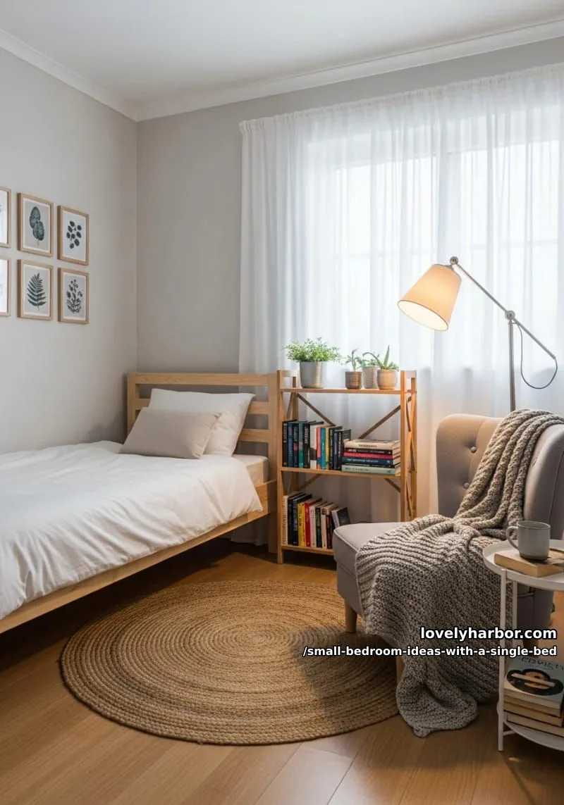 cozy reading corner using the end of the bed and a small armchair. 1