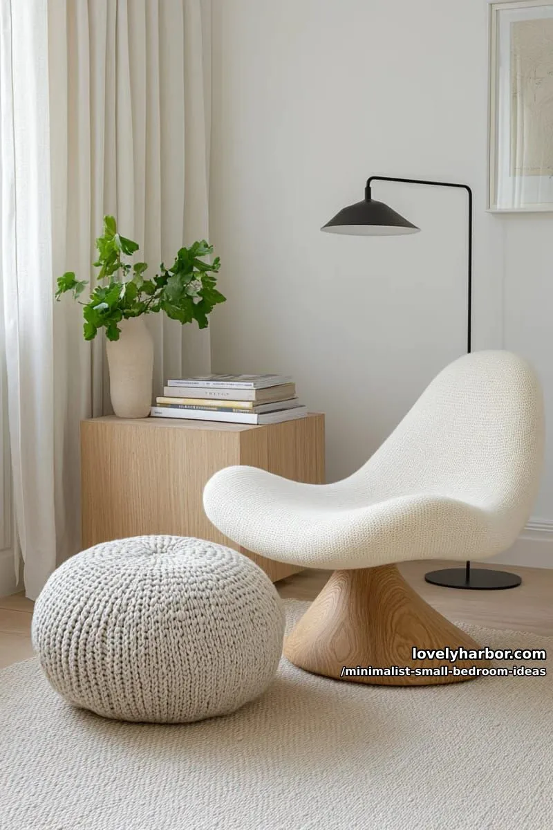 cozy reading corner with a single sculptural chair and pouf 1