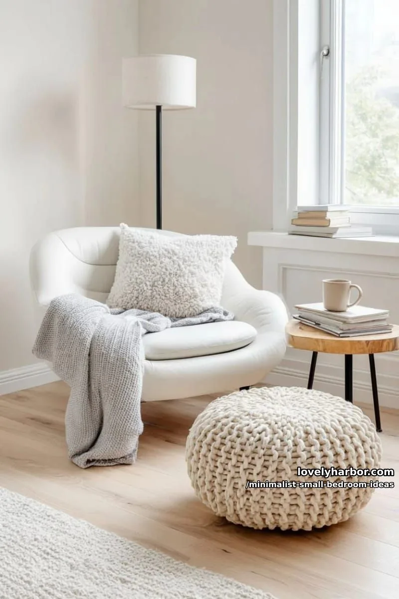 cozy reading corner with a single sculptural chair and pouf 1