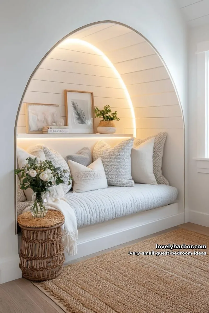 19 Very Small Guest Bedroom Ideas For A Welcoming Retreat 27 cozy reading nook with archway alcove and soft wall lighting 1