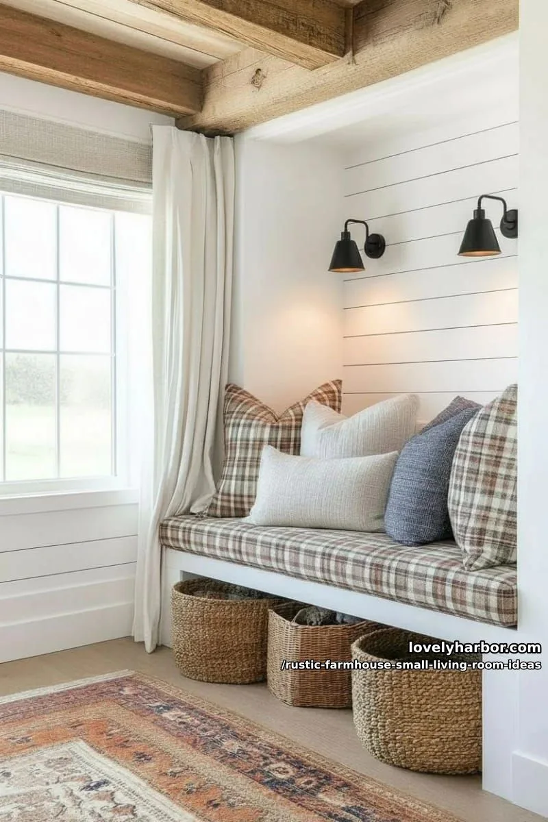 cozy reading nook with plaid cushions beneath a rustic farmhouse window 1
