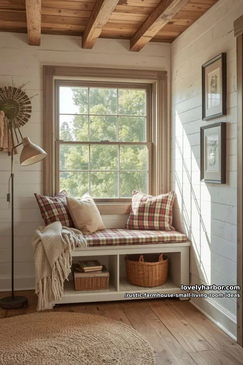 cozy reading nook with plaid cushions beneath a rustic farmhouse window 1