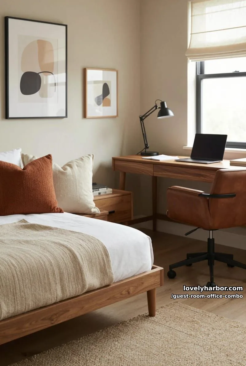 cozy study corner with daybed, wooden desk, and abstract art prints. 1