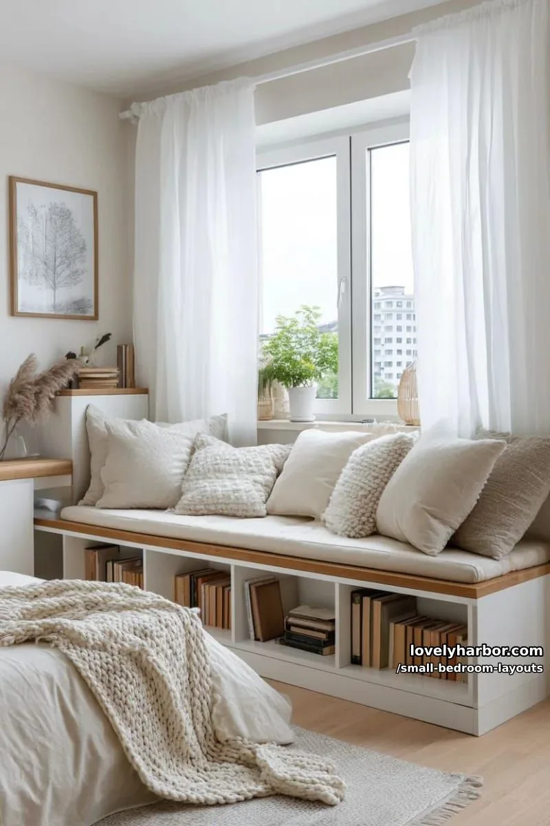 cozy window bench seat beneath billowy sheer curtains in a tiny bedroom 1