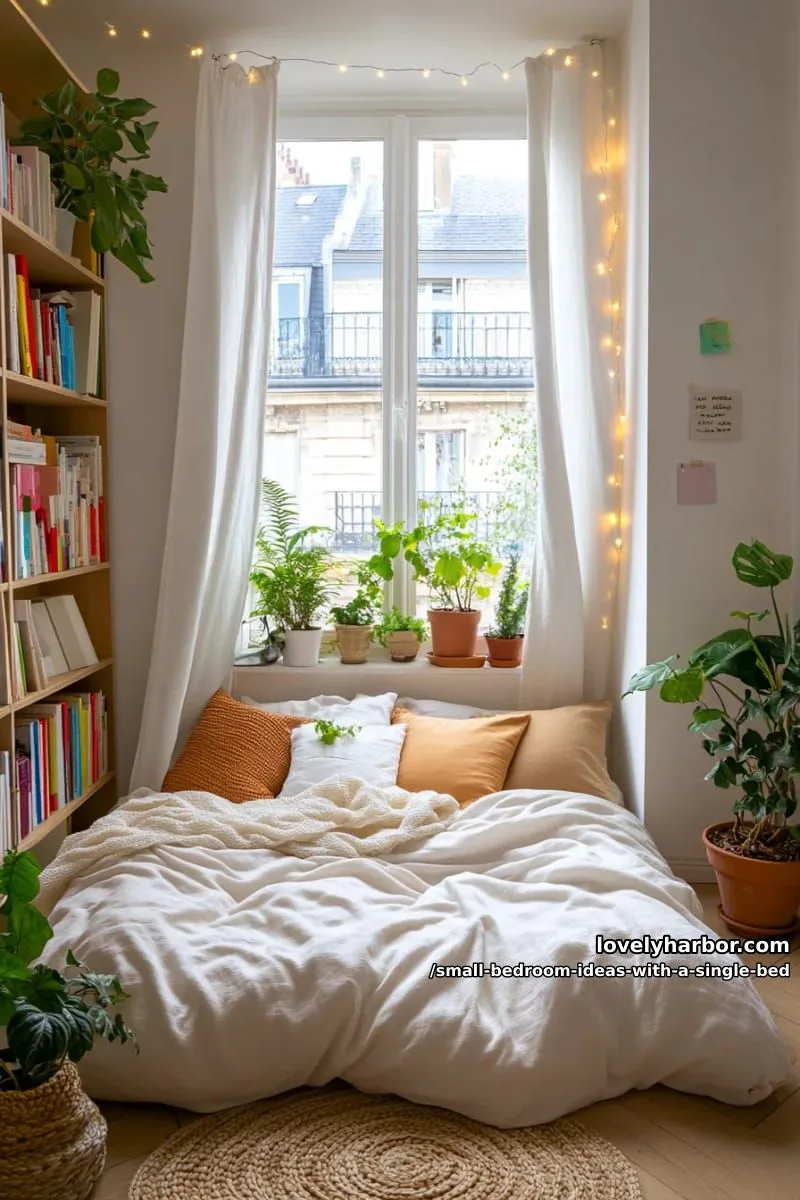 cozy window nook single bed framed by leafy houseplants and fairy lights. 1