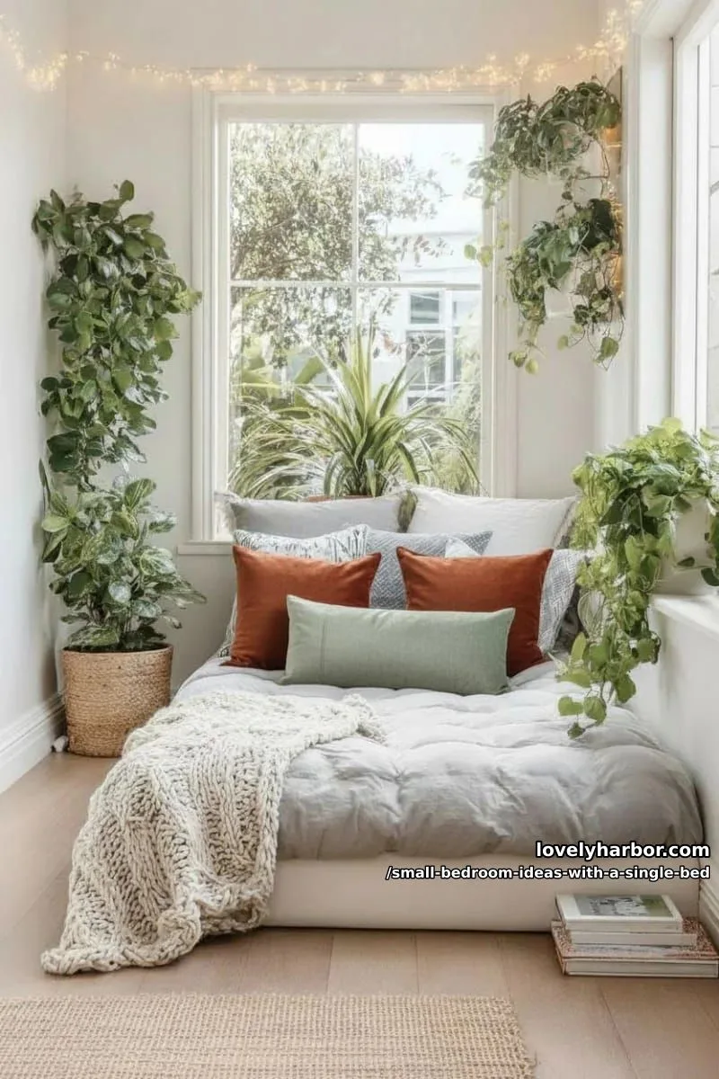 cozy window nook single bed framed by leafy houseplants and fairy lights. 1
