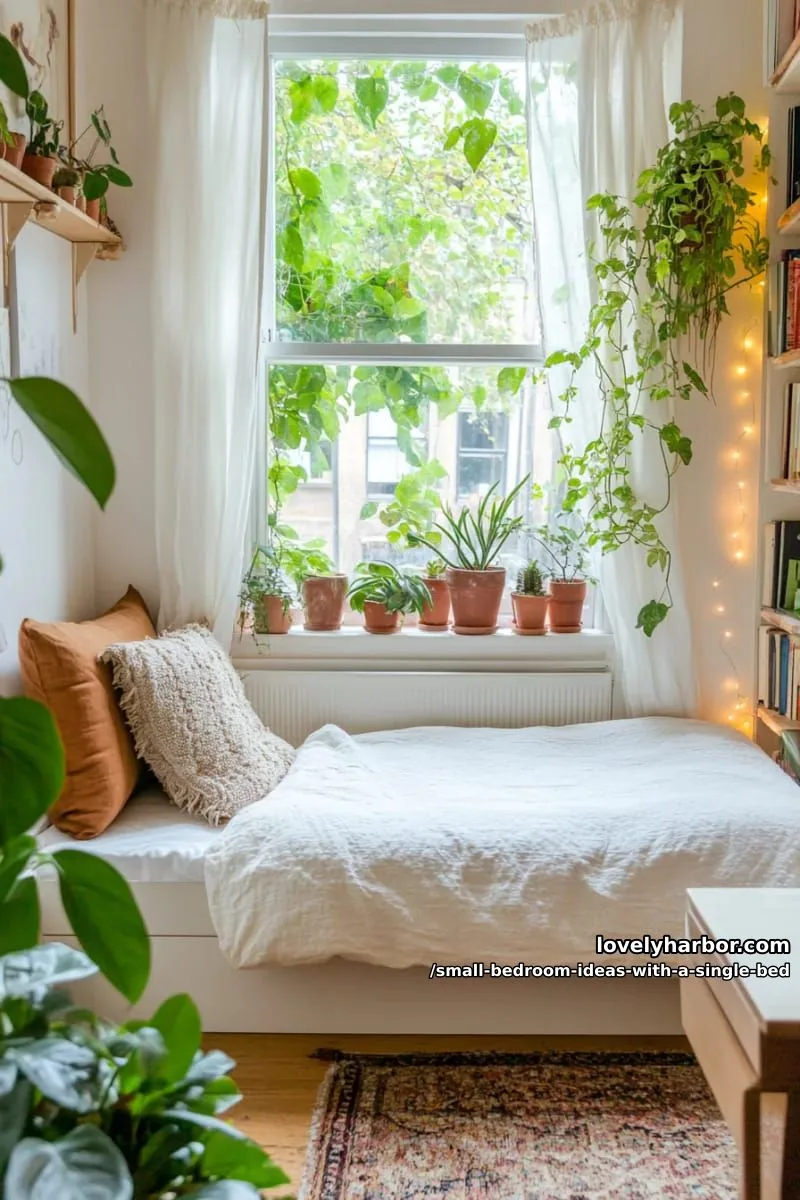 cozy window nook single bed framed by leafy houseplants and fairy lights. 1