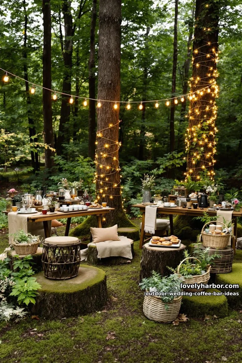 cozy woodland coffee station surrounded by fairy lights and mossy log seating 1