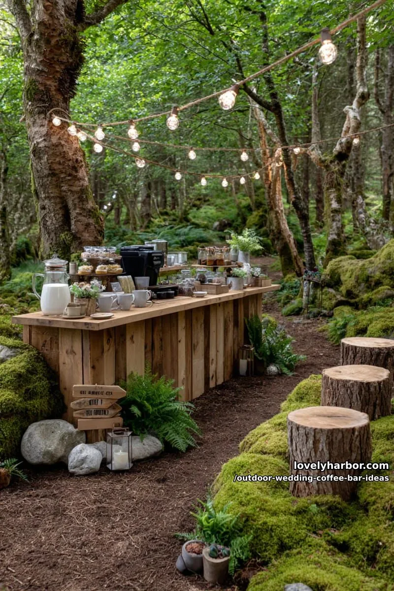 cozy woodland coffee station surrounded by fairy lights and mossy log seating 1