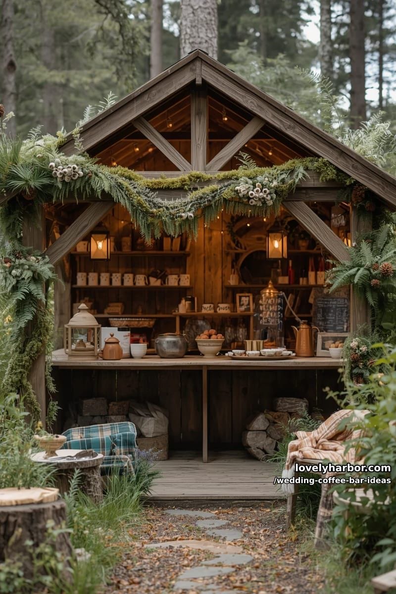 cozy woodland-inspired coffee nook with pinecones and mossy décor 1